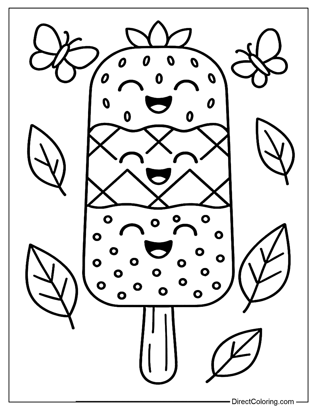 The popsicle coloring page is divided into 3 layers: strawberry, pineapple, blueberry - each layer has a funny smiling fruit face.